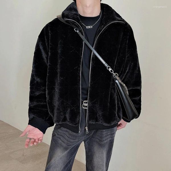 Jaquetas masculinas premium casaco de inverno elegante pilha e grosso quente gola solta jaqueta de lã de cordeiro topo