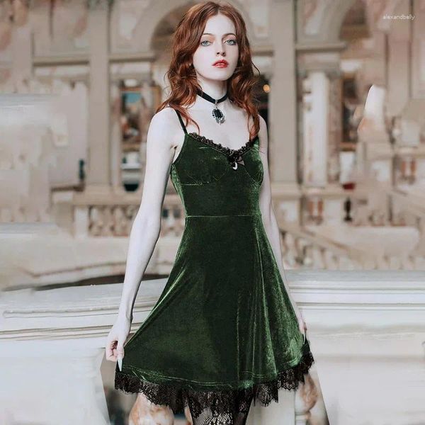 Vestidos casuais 2023 feminino verde deslizamento vestido laço halter mini fairycore camisola preto escuro goth estilo gótico roupas vintage roupas