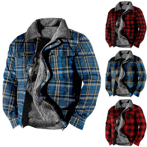 Jaquetas masculinas lã quente camisa xadrez de camisa de camisa de inverno pesamento pesado masculino casaco de punhal de comprimento para homens anorak