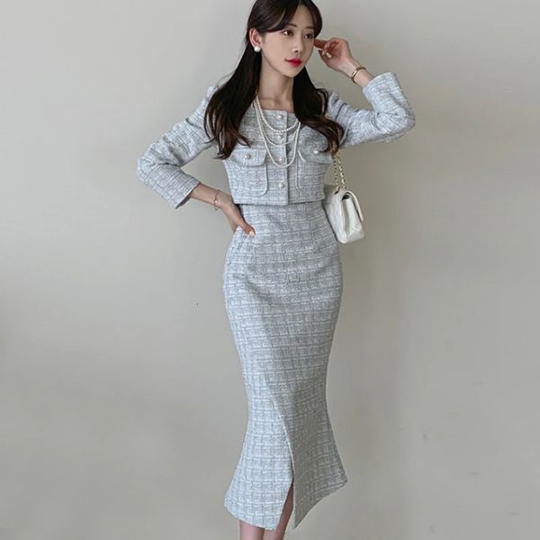 Vestido de duas peças coreano outono inverno mulheres 2 peças conjunto single-breasted casacos curtos vintage midi lápis saia define tweed simples xadrez terno 231202