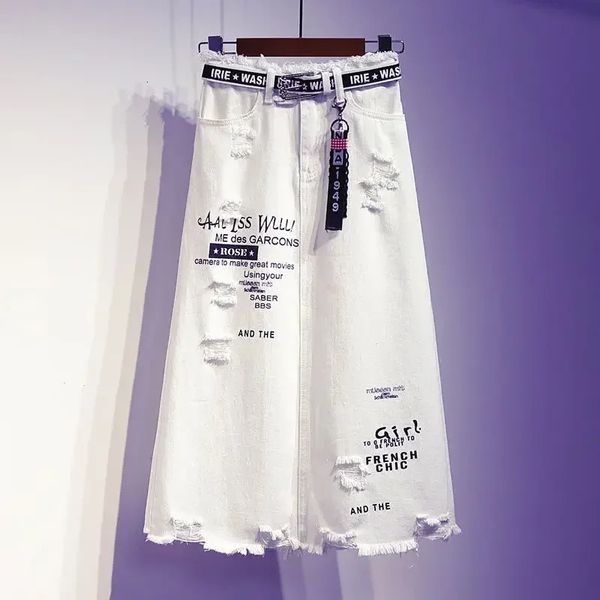Платье из двух частей, женская юбка, белые джинсовые длинные юбки с буквенным принтом, корейский стиль, модная дырка большого размера, женский размер 231202