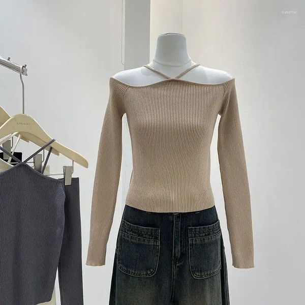 Maglioni da donna con spalle scoperte, collo a una linea, maniche lunghe, tinta unita, maglia in maglia, autunno coreano, versatile, corto, alla moda