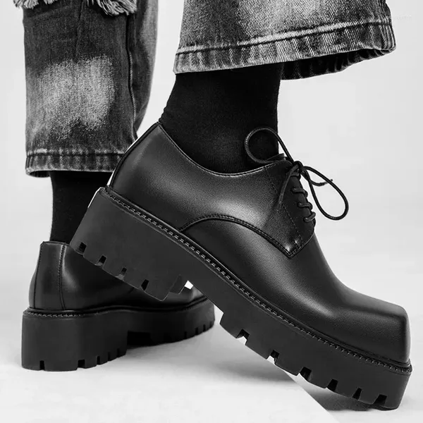 Sapatos de vestido Lihuamao Oxford Derby Homens Brogue Lace Up Chunky Heel Platform Thick Outsole Couro Punk Street Style