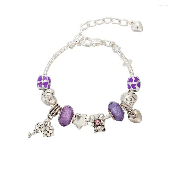 Charme pulseiras viovia design pulseira ajustável roxo chave encantos contas lagosta fechos jóias fazendo aaccesorios presente dos namorados