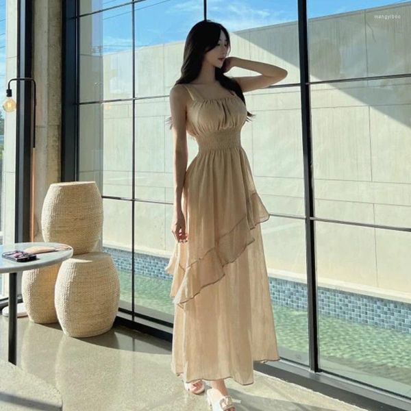 Lässige Kleider Hübsches, ärmelloses Rüschenkleid mit quadratischem Ausschnitt für Damen, Sommer, hellweiß, Fee, Korea, einteiliges Pendler-Khaki