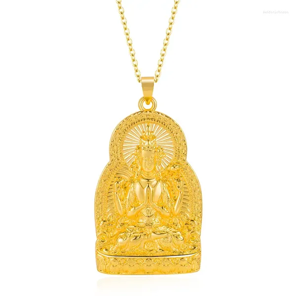 Collane con ciondolo Squisita Craved Avalokitesvara Collana per uomo Gioielli Placcato oro lucido Scritture Benedizione Buddha Regalo maschile