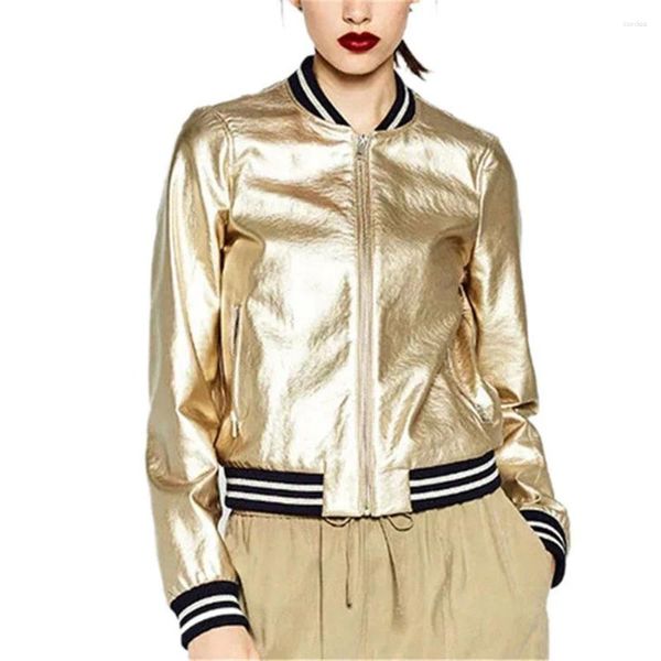 Giubbotti da donna 2023 Primavera Oro Argento Bomber da donna Cappotti basic a righe Collo alto Capispalla casual Jaqueta Feminina