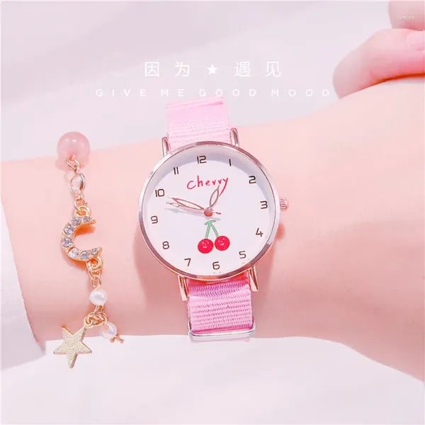 Relógios de pulso moda redonda quartzo cereja dial casual relógios de pulso pulseira de tecido para mulheres relógio elegante relógio de pulso à prova d'água