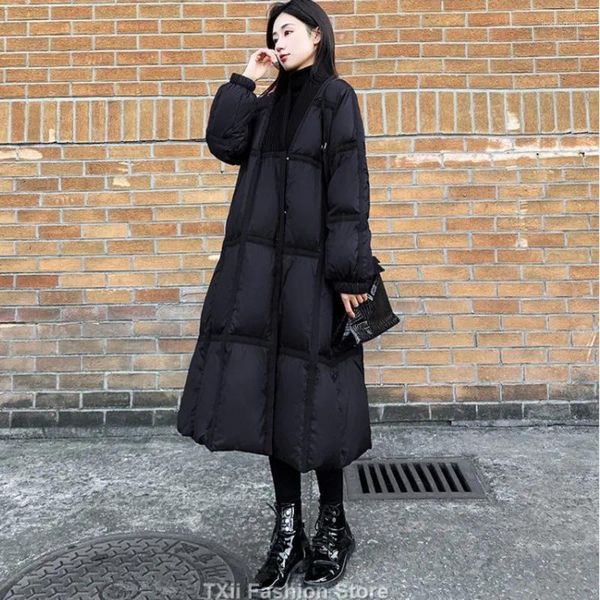 Casacos de Trench das Mulheres TXii Look 2023 Inverno Mulheres 90% Pato Branco Down Casaco Solto Sobretudo Quente Feminino Grosso Neve Parkas V-Pescoço Puffer Jaqueta