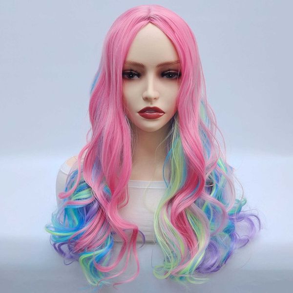 Parrucche colorate capelli lunghi ricci da bambina in fibra sintetica, copricapo trendy e dolce