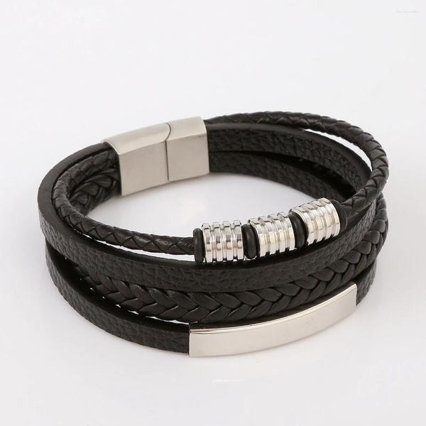 Braccialetti a maglie Bracciale in pelle intrecciata multistrato di lusso da uomo Chiusura magnetica classica satinata con perline in acciaio inossidabile