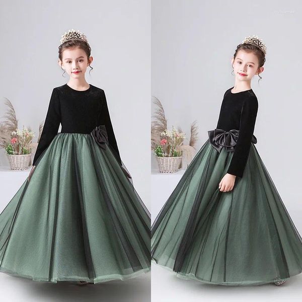 Abiti da ragazza Abito da principessa per bambini in tulle con fiori di velluto verde a maniche lunghe per la festa di compleanno di nozze con abiti da ballo formali con fiocco