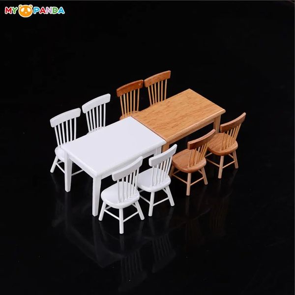 Casa de boneca acessórios de madeira 1/12 casa de bonecas móveis em miniatura 5pcs mesa de jantar cadeira modelo conjunto branco clássico fingir jogar brinquedos móveis brinquedos 231202
