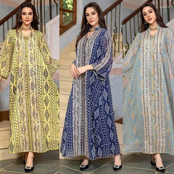 Roupas étnicas Muçulmano Islam Luxo Ano Marroquino Malha Bordado Vestido de Noite com Lantejoulas Patchwork Moda Dubai Robe