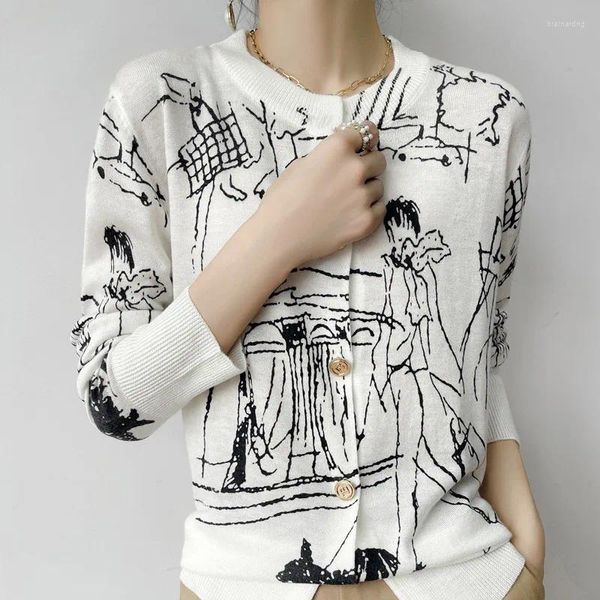 Damen-Strickjacke aus ultradünnem, mikrotransparentem Wollstrick für den Herbst, Niche Design Sense Kaschmir-Graffiti-Pullover-Mantel