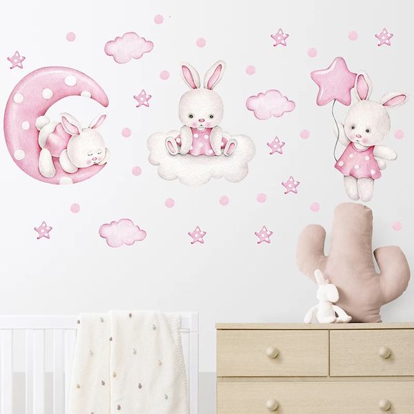 Adesivi murali Acquerello Soft Pink 3 conigli Coniglio Luna Nuvole Stelle per la camera dei bambini Baby Nursery Decalcomanie Home Decor PVC 231202