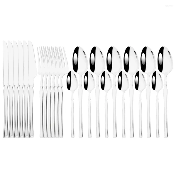 Set di stoviglie Argento di lusso in acciaio inossidabile 24 pezzi Set di posate a specchio Stoviglie Coltello Forchetta Cucchiaio da caffè Posate Lavabile in lavastoviglie