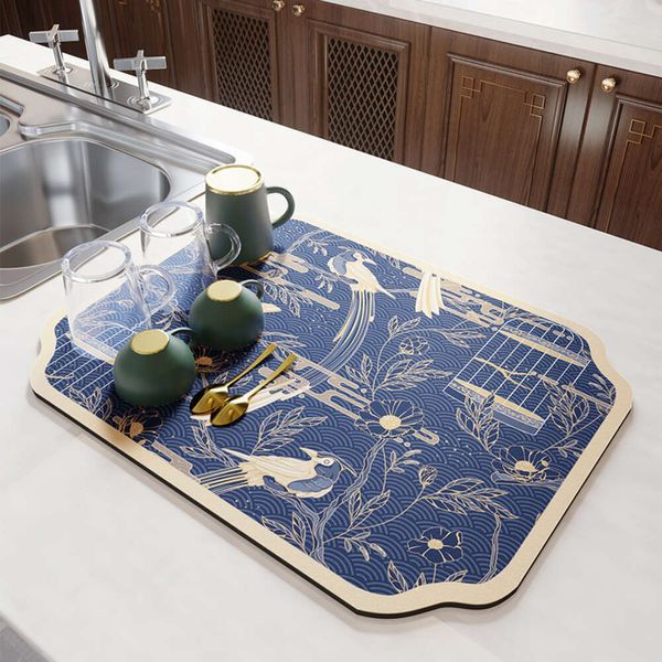 Novo estilo chinês tapete de drenagem bancada cozinha absorção água talheres isolamento mesa jantar barra chá lavatório secagem rápida