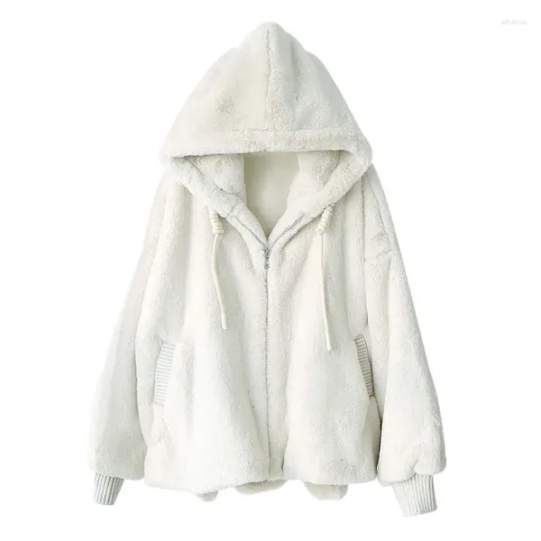 Damen Daunenjacke für den Winter, dickere weiße Pelzmäntel und Jacken, weiche Kunstfleece-Samtjacke mit Kapuze