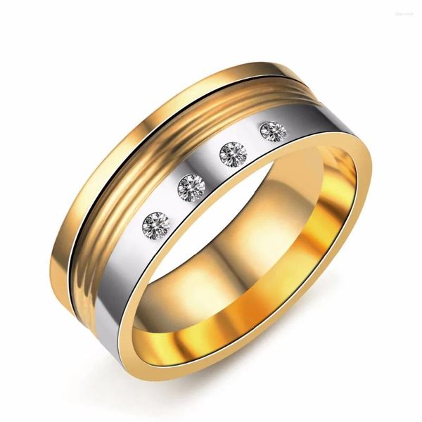 Anéis de casamento Mangopie8mm 316l aço inoxidável para homens mulheres quatro cz cristal trajetória anel de noivado 8mm