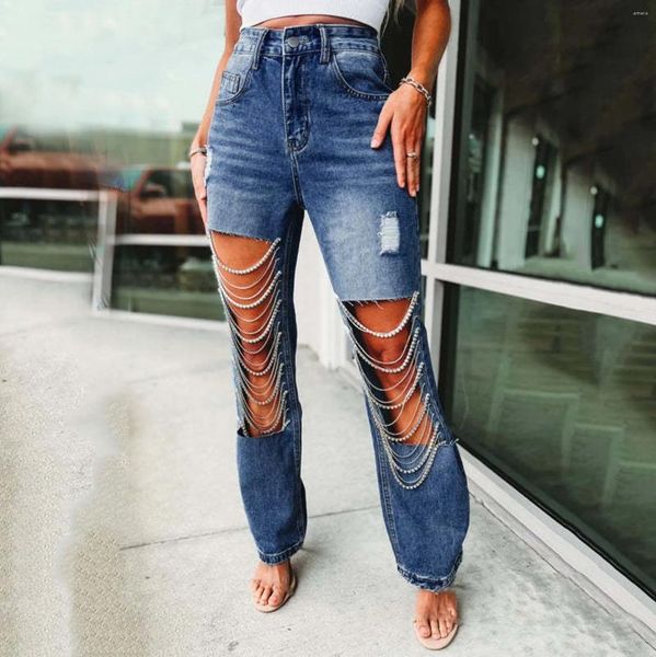 Pantaloni attivi Jeans da donna a tinta unita con foro grande con ciondolo a catena Jeans a gamba dritta per donna Vita alta strappata