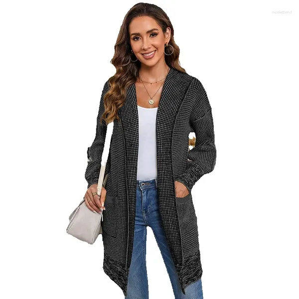 Maglioni da donna Cardigan casual con cappuccio di media lunghezza per la moda invernale 2023, vestibilità ampia, maglia calda
