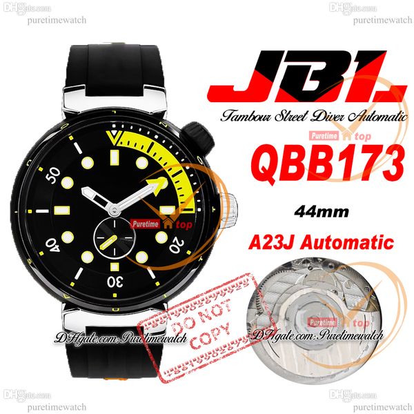 JBL TAMBOUR SOKAK DİVER QBB173 A23J Otomatik Mens Watch Ladies Watches 44mm DLC Çelik Neon Siyah Diyal Kauçuk Kayış Süper Sürüm Reloj Hombre Puretime D4