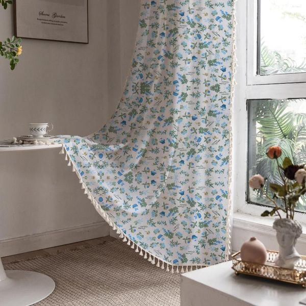 Cortina flor impressa cortinas de algodão para quarto e sala estar estilo pastoral americano janela branco azul verde