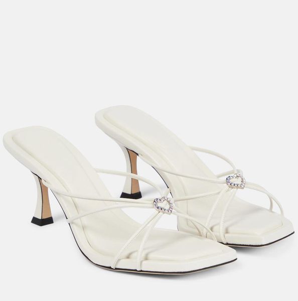 Nova Eleagnt Marca Mulheres Sandálias de Salto Indiya Sapatos Dedo Quadrado Nappa Couro Corações Cristal Mule Slim Atado Tiras Senhoras Salto Alto Mulher Sapato Branco EU35-41 Com Caixa