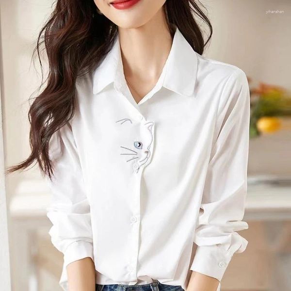 Kadınlar bluzlar şifon baskılı gömlek gevşek beyaz gündelik dönüş yakalı zarif kıyafetler bahar/yaz moda üstleri ycmyunyan