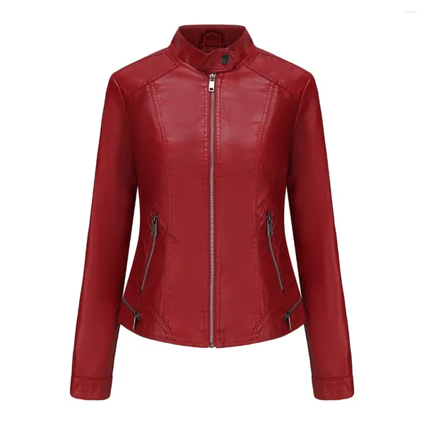 Женские кожаные куртки из искусственной кожи, осень 2023, мотобайкерская куртка на молнии, весеннее мотоциклетное пальто, зеленое, коричневое, красное Jaqueta Feminina