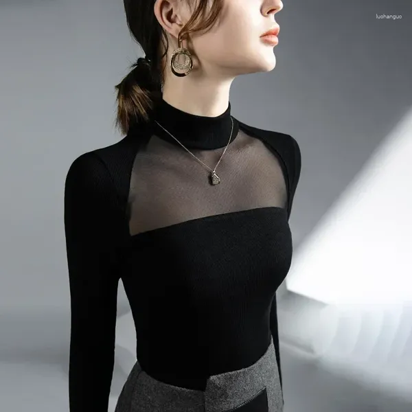 Женские блузки, микропрозрачный сетчатый лоскутный топ, черная весенне-осенняя базовая рубашка, шифоновая рубашка с длинными рукавами