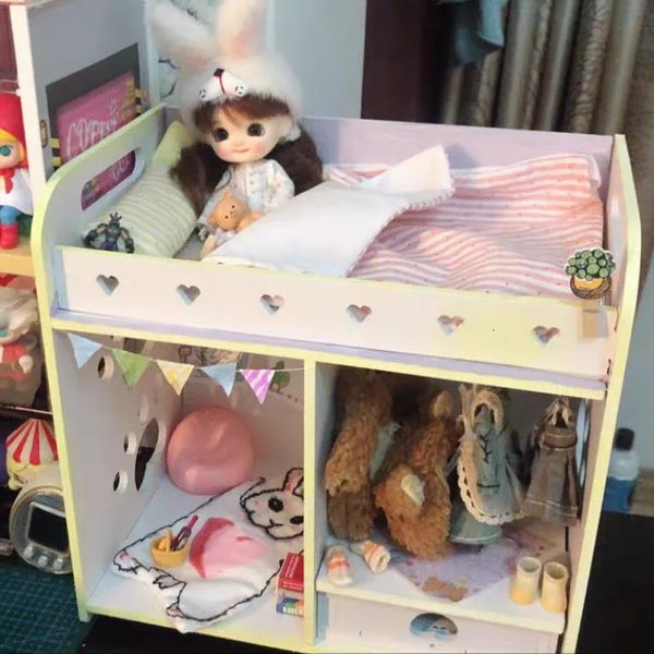 Acessórios de casa de boneca ob11 cama de bebê 17cm bjd boneca linda cama de beliche com gaveta de cabide para 1/12 bjd boneca casa de bonecas acessórios de móveis brinquedos diy 231202