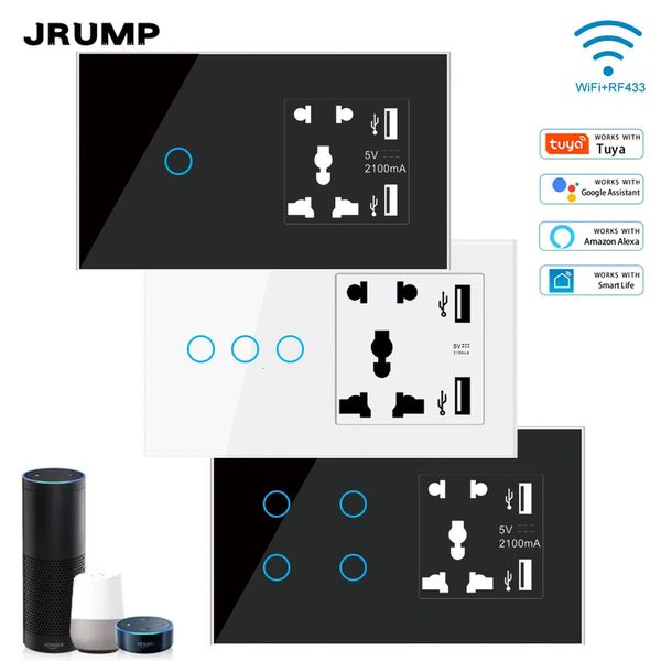 Switches Acessórios JRUMP WIFI ou Zigbee Smart Touch Switch Controle de voz com UK Power e 2 USB 5 Hole Socket Work Alexa Echo 231202