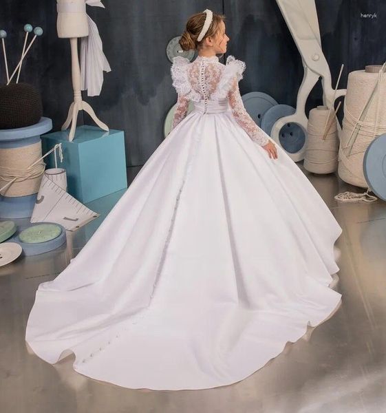Платья для девочек Великолепное белое атласное платье с цветочным узором для свадьбы, кружевное платье длиной до пола, конкурс на день рождения, бальные платья принцессы для первого причастия