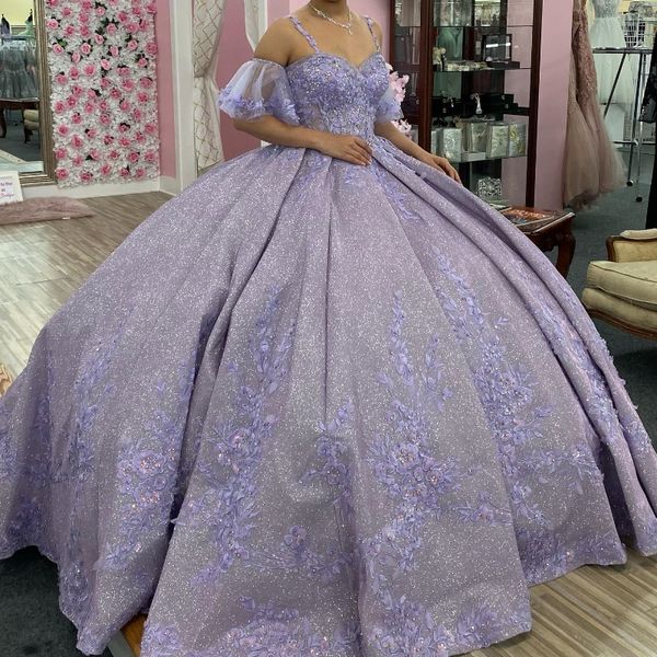 Lavendel glänzendes Schatz-Ballkleid Quinceanera-Kleid Korsett Spitze Applikationen Perlen Pailletten Sweet 16 Kleid Vestidos De XV Anos