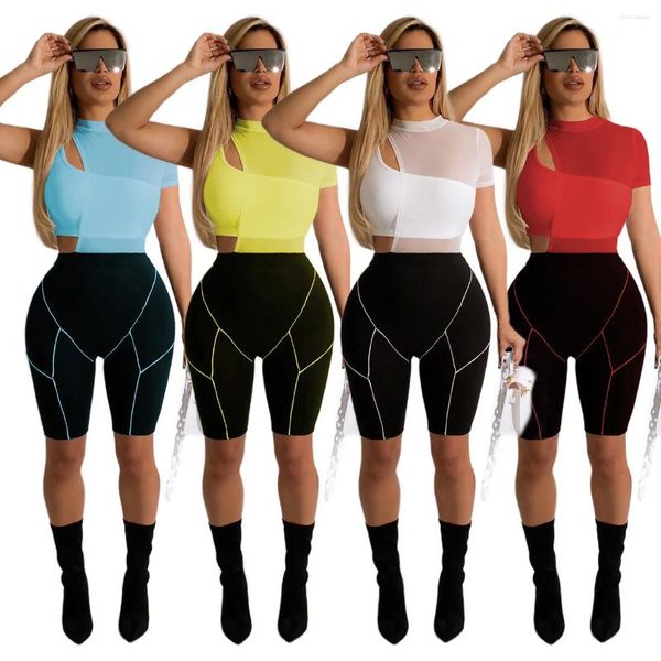 Tute da donna Sexy Mesh 3 pezzi Pantaloncini Set Donna Guaina Body-Shaping Jogging Estate Pantaloni a vita bassa Manica corta O-Collo Donna Streetwear