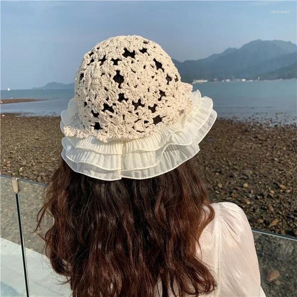 Beralar Yaz Kızlar Moda Dantel Örme Örgü İçi Boş Kova Şapkalar Tığ işi Çiçek Kızların Tatlı Romantizm Güneşlik Örgü Nefes Alabilir