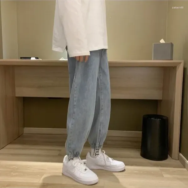 Calças masculinas tendência pacote pés reto perna jeans menino estilo de inverno de nove pontos moda casual solto com high street chunky