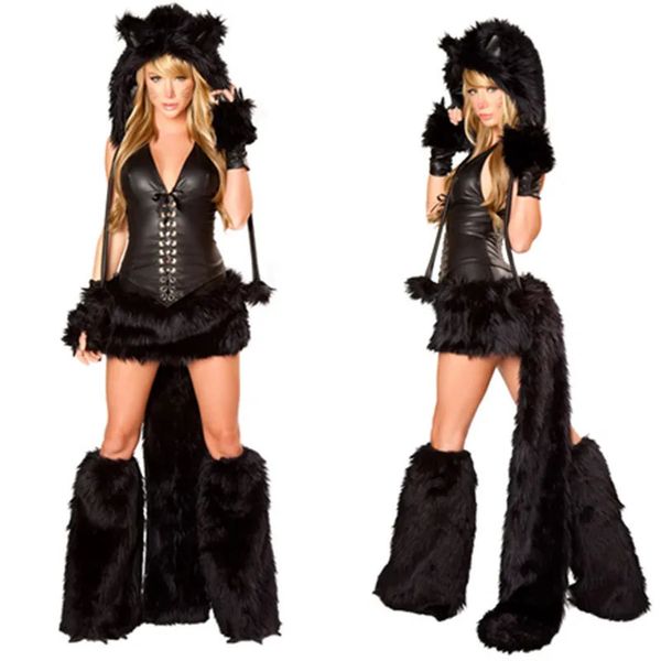 Lenços 2023 Sexy Black Teddy Bear Traje para Adulto Cat Girl Cosplay Halloween Costume Fantasia Party Uniformes Set 231202