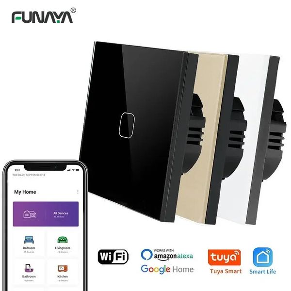 Interruptores Acessórios Tuya Wifi Smart 4 Cores Painel de Vidro Cristal EUUK Padrão 1234 Gang Touch Switch Luz de Controle 110V 220V Soquete 231202