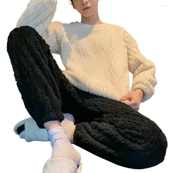 Calças de pijama masculinas conjunto com design de ligação de perna à prova de vento quente mulheres aconchegante flanela macia para o outono