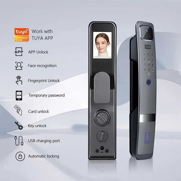 Türschlösser Smart Lock 3D-Gesicht Fingerabdruckkarte Wischen Mechanischer Schlüssel Katzenauge Wasserdichte App-Entriegelung 231202