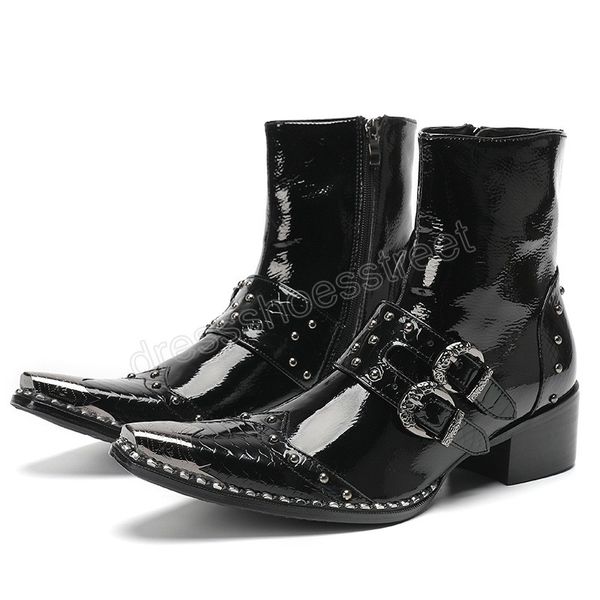 Botas de couro genuíno masculinas, botas pretas de cano curto, bico de metal, couro russo, estilo rua, sapatos de salto alto, botas masculinas