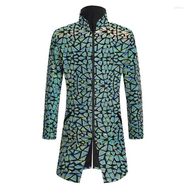 Abiti da uomo Uomo Glitter Verde Paillettes Giacca lunga Blazer Colletto alla coreana Cerniera Medio Lunghezza Cappotto di velluto Abito Party Show Costume da ballo