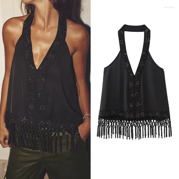 Regatas femininas moda sexo borla bordado decorado com suspensórios com textura de seda. Colete feminino com gola halter. Top preto elegante de senhora