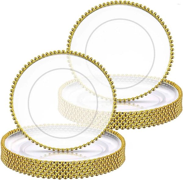 Тарелки 400 шт. Декоративная тарелка с прозрачным пластиком и оправой из золотых бусин для посуды