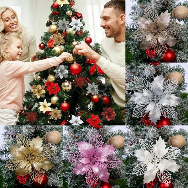 Flores decorativas 10 pçs glitter flor de natal artificial poinsétia cabeça árvore de natal decoração para casa ano navidad presente diy 16cm