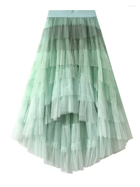 Gonne Alla moda Sfumatura di Tulle Maxi Gonna Donna 2023 Eleganti Increspature Orlo Irregolare A File Maglia A Vita Alta Lungo Femminile Z549