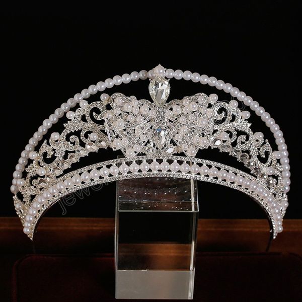 Placcato in argento Regina Principessa Diana Corona Diadema di perle di cristallo per accessori per capelli da sposa Fasce per capelli da sposa Tiara De Noiva